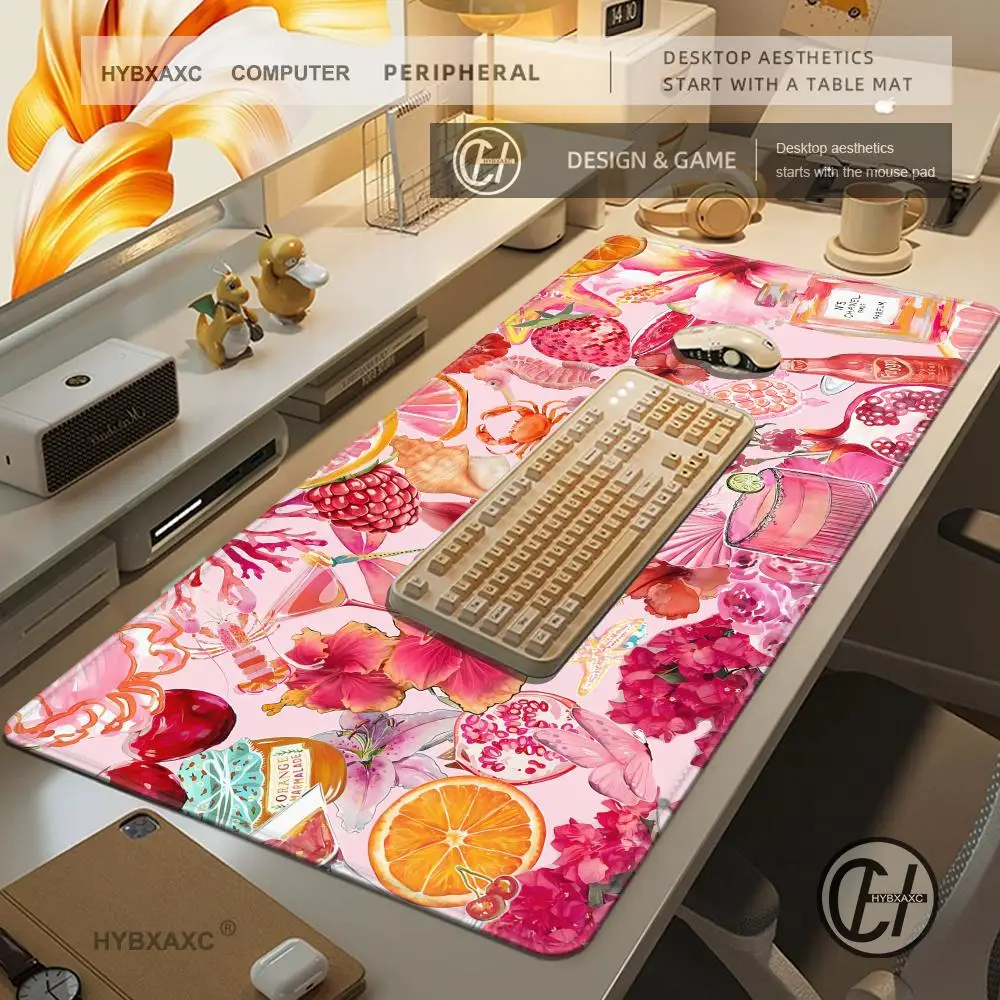 Pink Summer Sea Star & Tropical Fruit Collage Mouse Pad Cute HD Desk Pad Extended Gaming Keyboard Mat Large XXL Gamer HYBXAXC