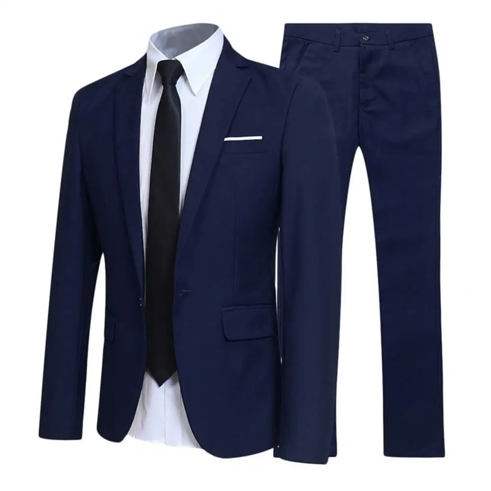 Men\'s Casual Boutique Business SuitSolid Color Turndown Collar Slim Fit Wedding Groom Suit Coat Blazers Trousers Suit Men\'s Sets