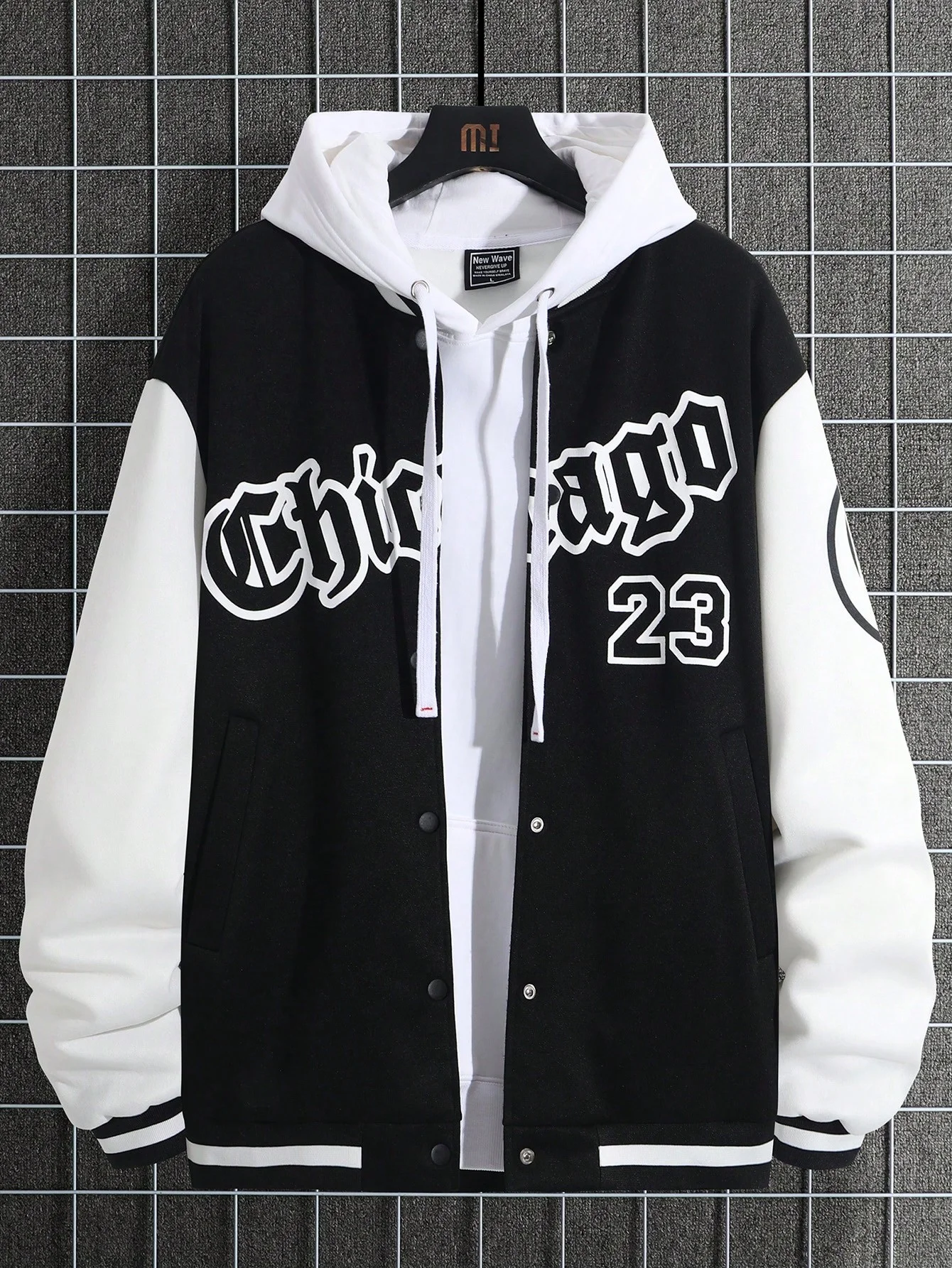 Women black and white collision color baseball jacket hooded coat alphanumerical print fashion casual street performance