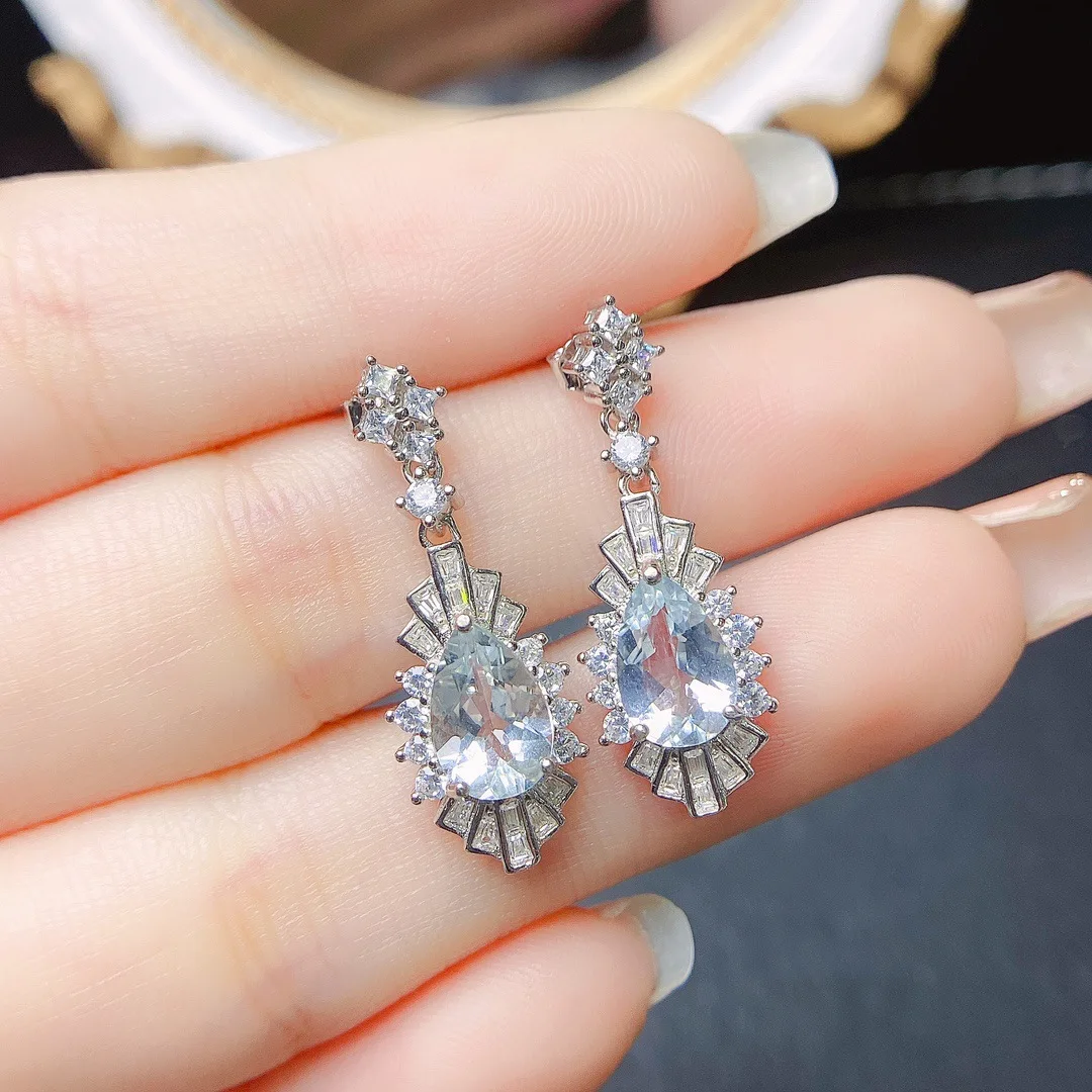 

S925 Silver Natural Aquamarine Stud Earrings, 6x9mm Starry Teardrop Gemstone, Ocean Crystal Jewelry Gift for Women