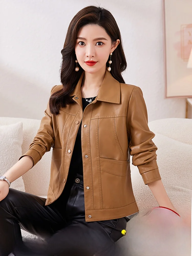   닝 정품 가죽 자켓 여성용 2025 신상 스몰 사이즈 봄 가을 한국 스타일 슬리밍 슬림핏 가죽 자켓