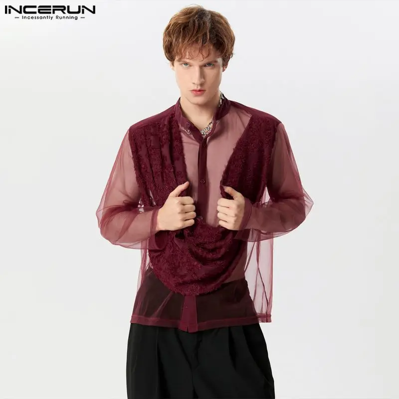 

Men Shirt Tassel Mesh Patchwork Stand Collar Long Sleeve Sexy Men Clothing 2024 Transparent Streetwear Fashion Camisas INCERUN