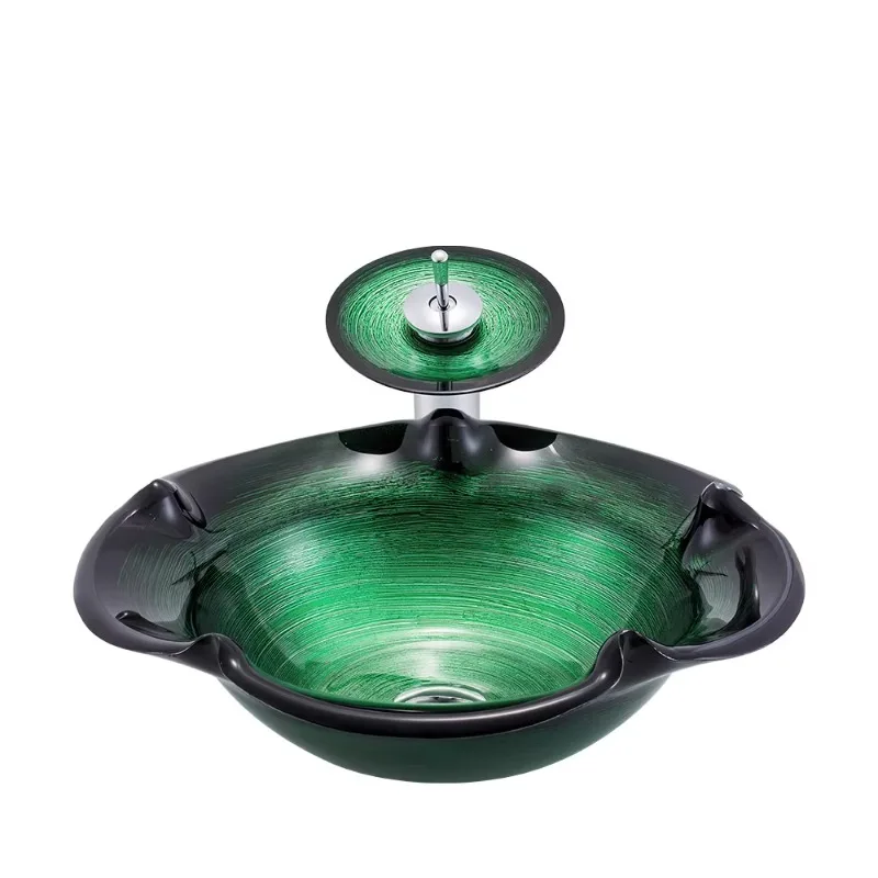 

Green hand-painted flower shape dresser countertop bathroom wash basin glass bathroom sink