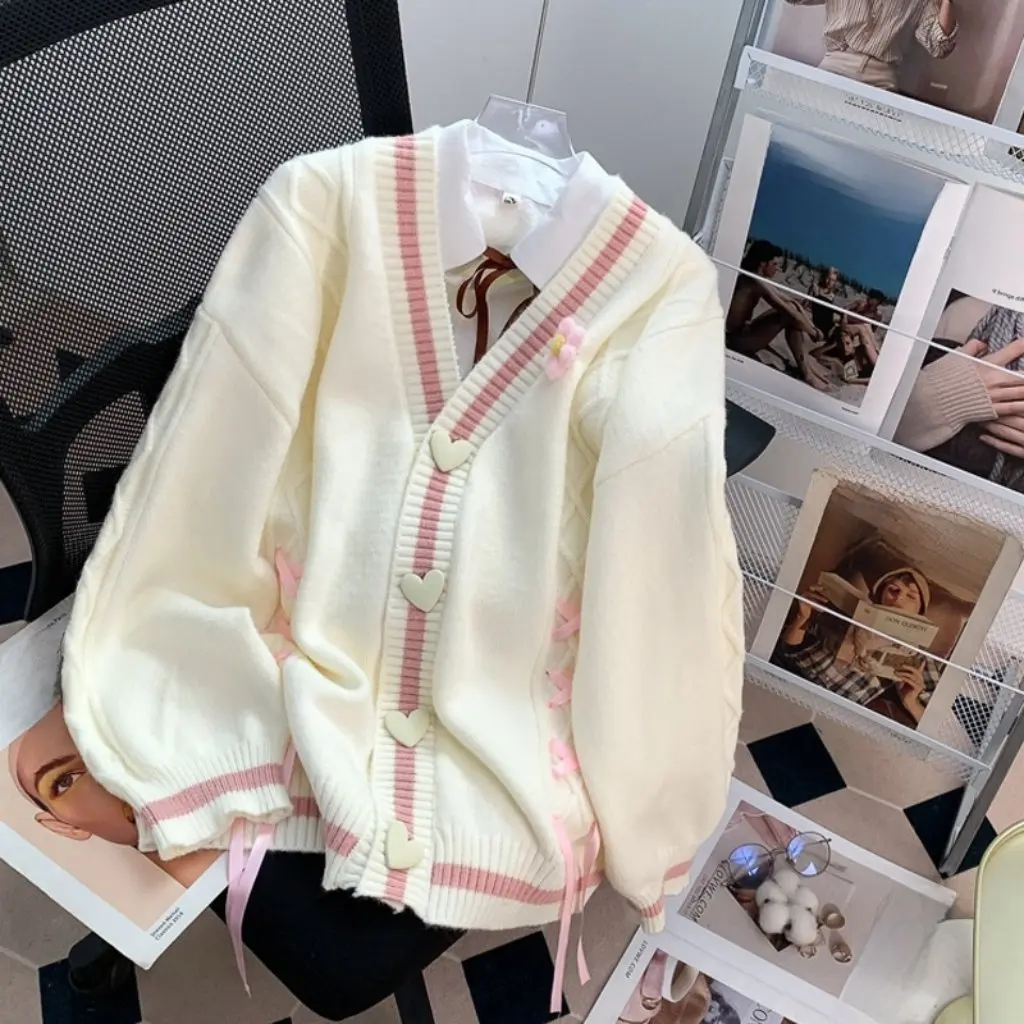 

Sweet Heart Buckle Knitted Sweater Loose Lazy Fashion Autumn Winter Women's Open Cardigan Anti-Aging Style Japanese Design