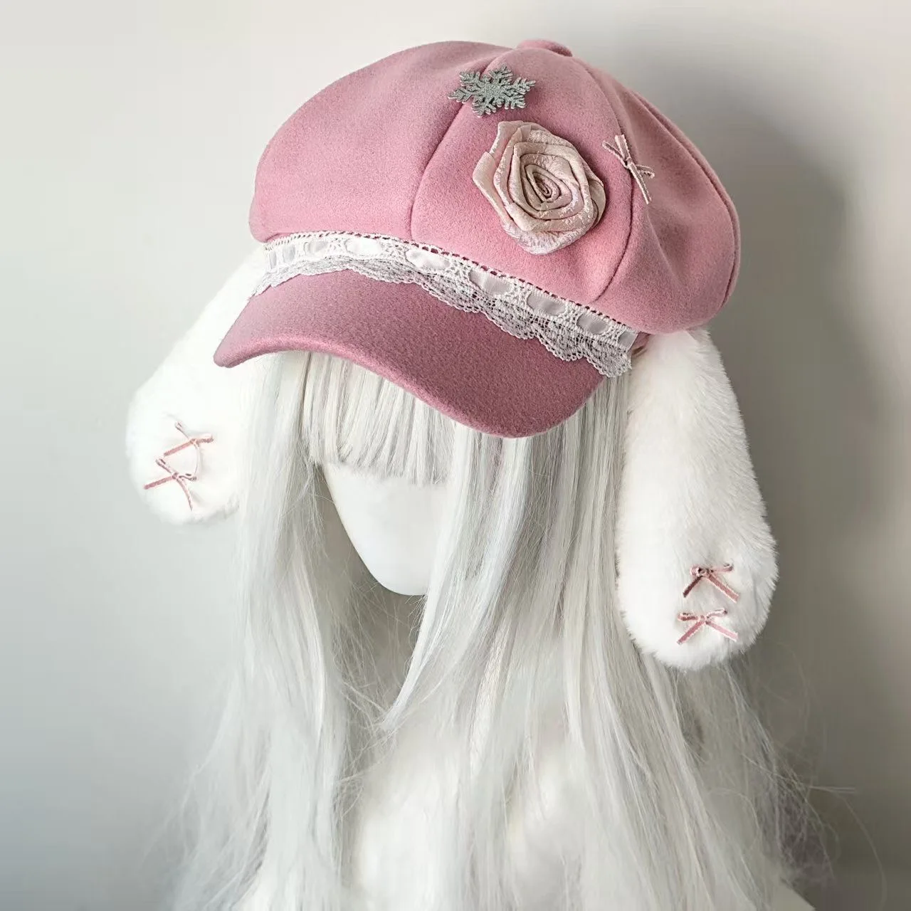 Japanese Sweet Y2k Rose Subculture Pink Rabbit-eared Octagonal Hat Children Lolita Plush Cute Painter Hat Woman
