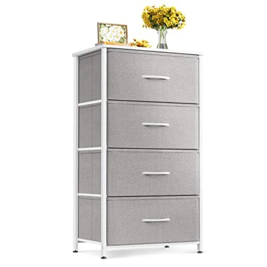 

Dresser for Bedroom with 4 Storage Drawers Small Dresser Chest of Fabric Drawers with Sturdy Steel Frame Wood Top Light Grey