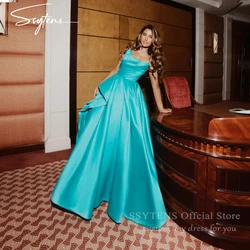 SSYTENS Blue Prom Gowns Satin Strapless A Line Evening Dresses For Women Wedding Ruffles Customized Saudi Formal Occasion Dress
