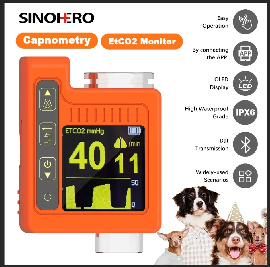 ETCO2 Monitor for Veterinary Capnograph Measure Sensor Portable End-Expiratory Capnograph Monitor for Animal