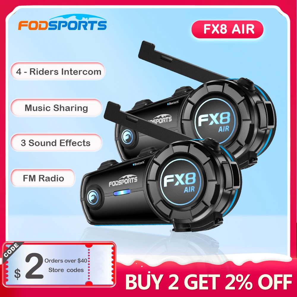 Fodsports FX8 Air 4 conductores intercomunicador casco de motocicleta auriculares Bluetooth 5,0 Moto FM auriculares impermeables 1000m