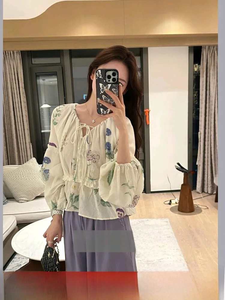 เสื้อผ้าผู้หญิงใหม่ 2025 ผ้าฝ้ายลินิน ลายดอกไม้ฤดูร้อน แขนยาว ไซส์เล็ก สไตล์สปริงแฟชั่น