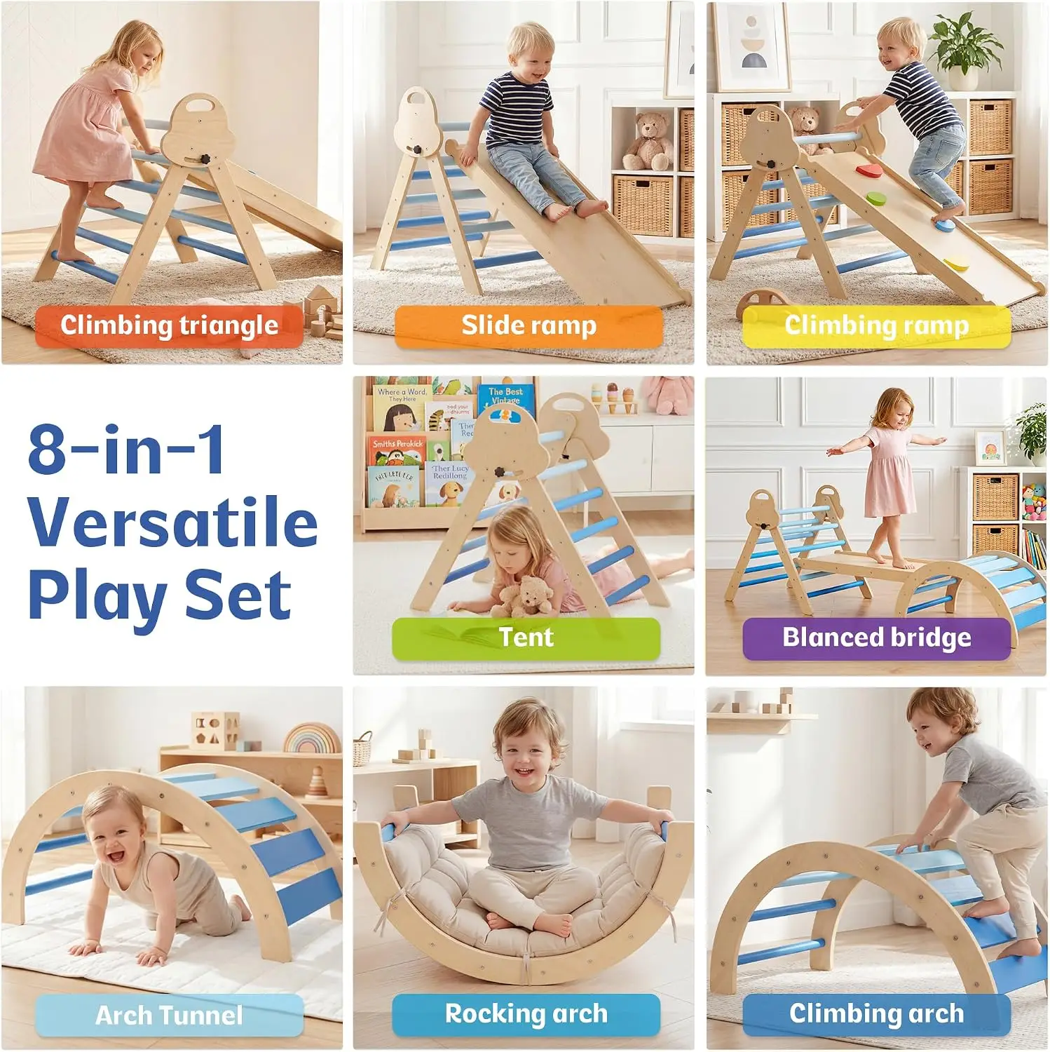 8-in-1 Wooden Climbing Set for Toddlers with Cushion, Foldable Montessori Indoor Climber with Arch, Ramp and Triangle Ladder