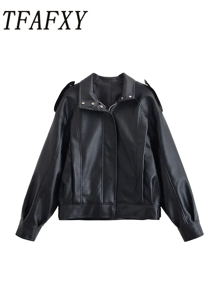 

TFAFXY женская осенне-зимняя винтажная куртка из искусственной кожи с лацканами и длинными рукавами на молнии и карманами, пальто, женская модная уличная верхняя одежда