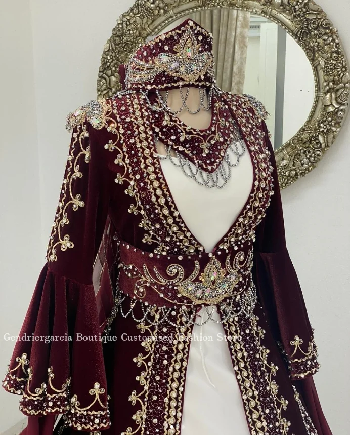 Exquisite Burgundy Middle East Evening Gowns Elegant Satin Formal Wedding Custom Long Kaftan Wedding Dresses فساتين سهره