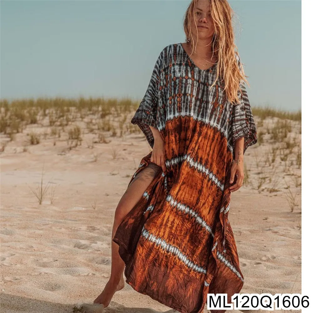 2025 ใหม่ผ้าฝ้ายเบาะ Tie-ย้อมพิมพ์ Beach Smock, วันหยุดหลวมชุดยาว, ชุดว่ายน้ํา, Smock Dress, ฤดูร้อน ML120Q16