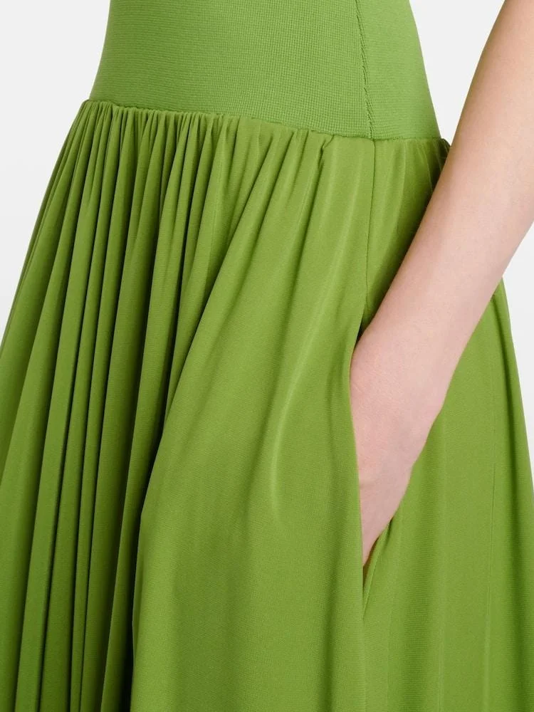 Elegantes grünes schulterfreies gerafftes Mieder-Maxikleid für Damen, Spaghettiträger, Party-Resort-Kleider, 2025, neue Sommer-Vestidos