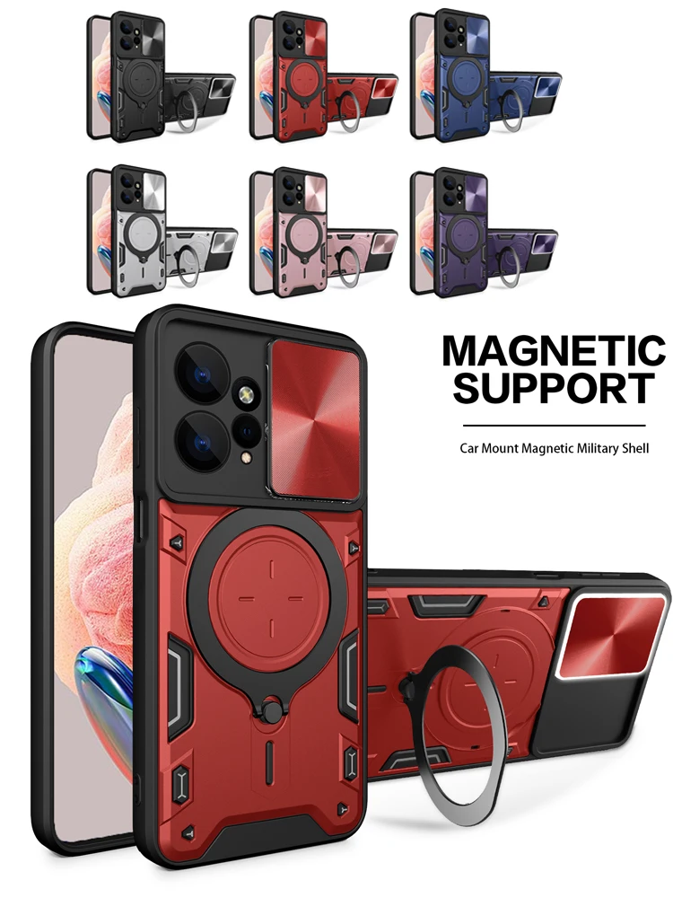 For Xiaomi Redmi Note 12 9 10 Pro 11 11S 12S Case Shockproof Armor Magnetic Ring Holder Slide Lens Protect Funda