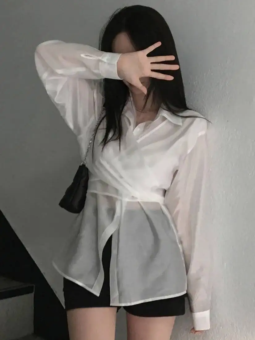 Women's Summer New Cross-Tie Long Sve Sun Protection Irt Design Waist-Cinching Versatile Top Faionable And Sli