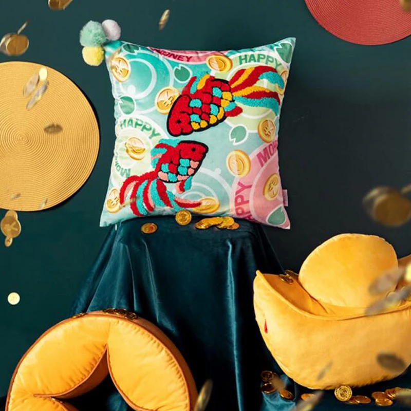 New Year Lucky Cushion Joy Chinese Traditional Good Fortune Money Exquisite Embroidery Cushion Sofa Chair Car Waist Pillow