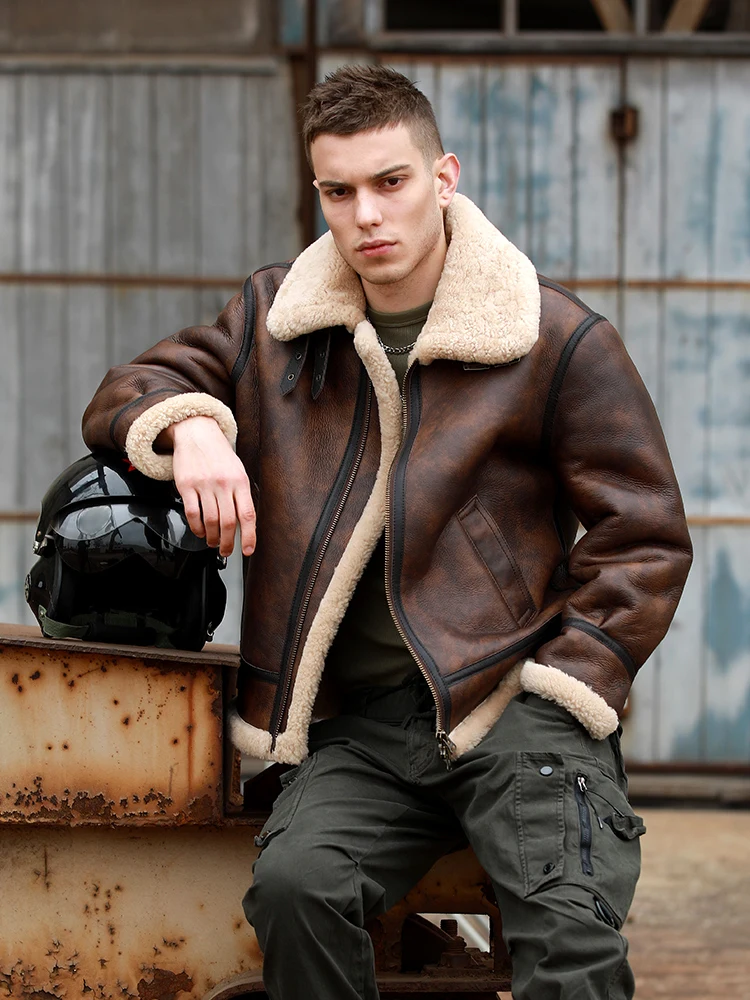 Man Winter Coat Genuine Leather Natural Sheepskin Shearling Jacket for Male Motorcyclist Pilot Biker Brown Big Size 5XL 6XL 7XL