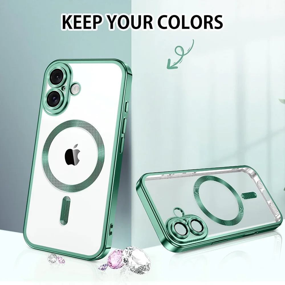 

Magnetic For Magsafe Case For iPhone 16E 16 15 14 13 12 11 Pro Max Plus Glitter Plating Silicone Cover Clear Soft Luxury Shell