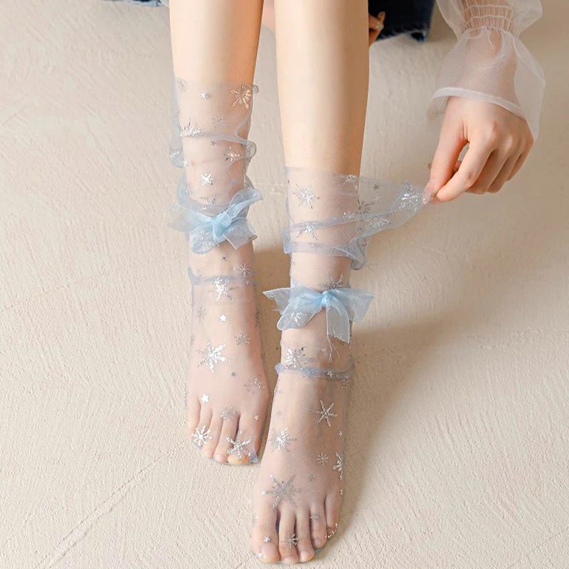 

Lace Socks For Women Summer Tulle Transparent Thin Mesh Socks Fashion Kawaii Bowknot Shiny Snowflake Chiffon Lace Up Socks