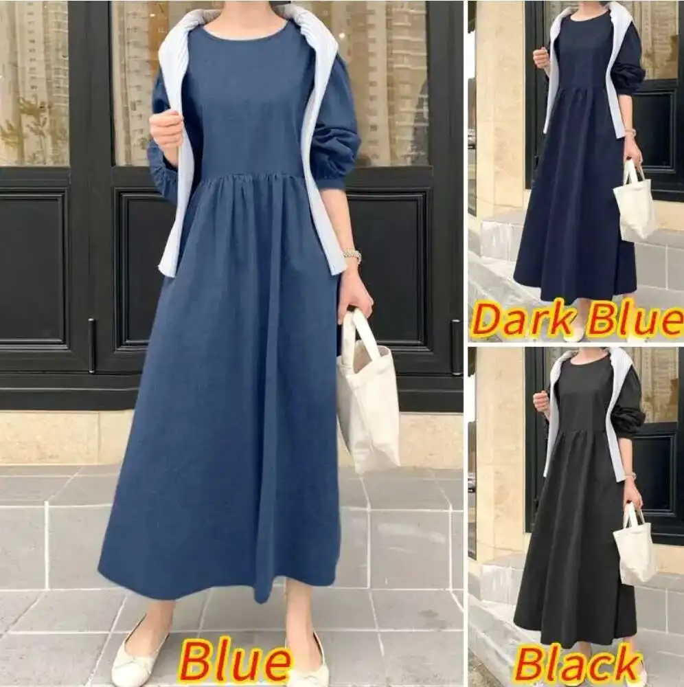 Robe longue en Denim, col rond, manches longues, ample, style bohème, couleur unie, tempérament, dubaï, luxe, Islam, élégante, nouvelle collection 2025
