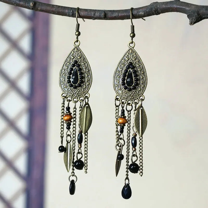 Classic Bohemian Vintage Water Drop Earrings for Women Ethnic Style Handmade Long Chain Bead Tassel Earring Pendientes Mujer