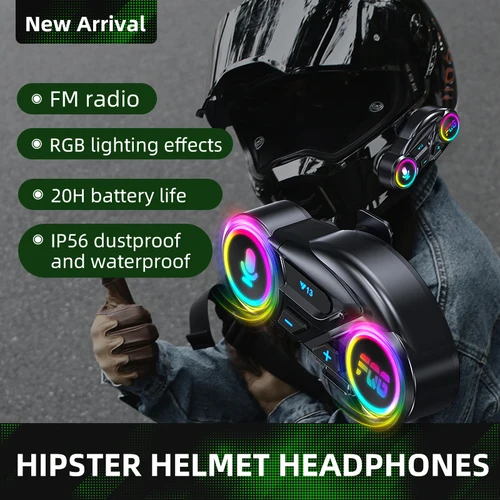 Imagen 2 del producto Auriculares Bluetooth Y13 para casco IP56, auriculares impermeables con cancelación de ruido para motocicleta, auriculares para casco, Radio FM, efectos de iluminación RGB