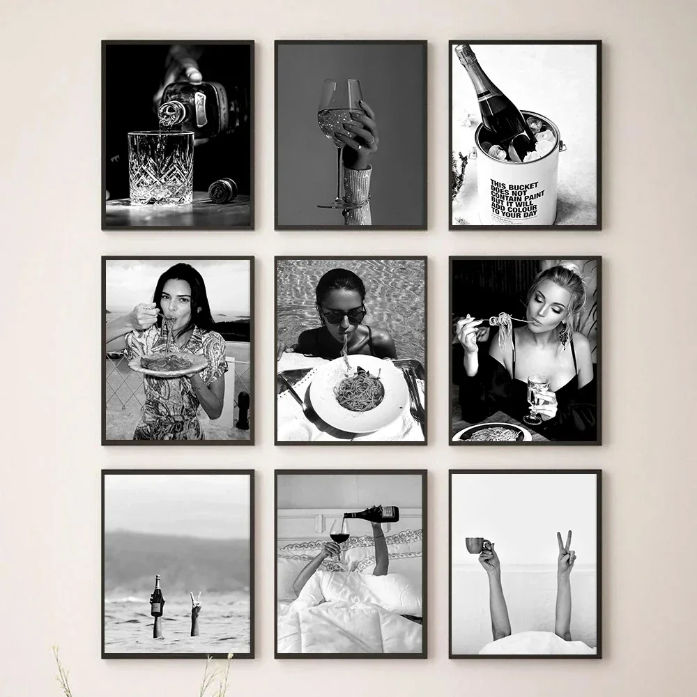 Black  White Champagne Flutes Wine Eating Women Drink Coffee Poster  Canvas Printing Wall Art Picture for Room Home Decor