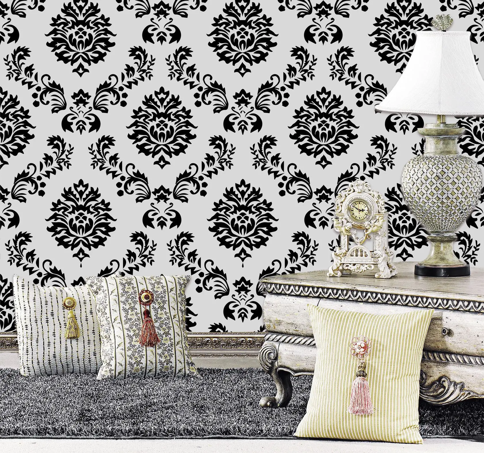 

White Black Peel and Stick Wallpaper Removable Contact Paper Decorative Damascus Wall Paper Flower Self Adhesive Wallpaper