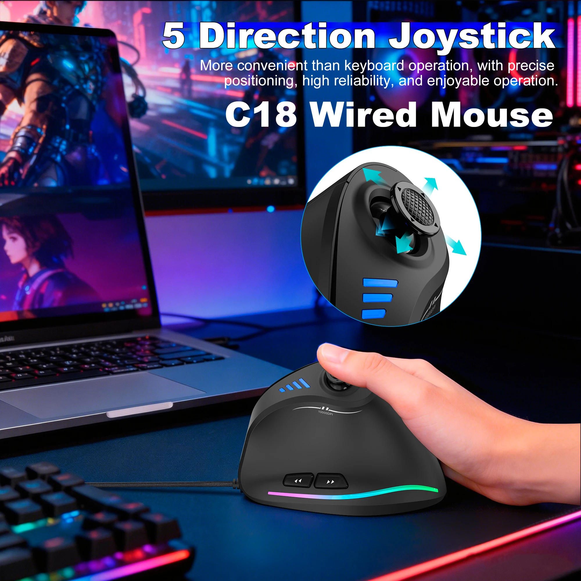 Zelotes Ergonomic Mouse C18 Wired Vertical Mouse 10000DPI 11 Buttons Programmable Gaming Mice with Joysticks For Laptop PC Gamer