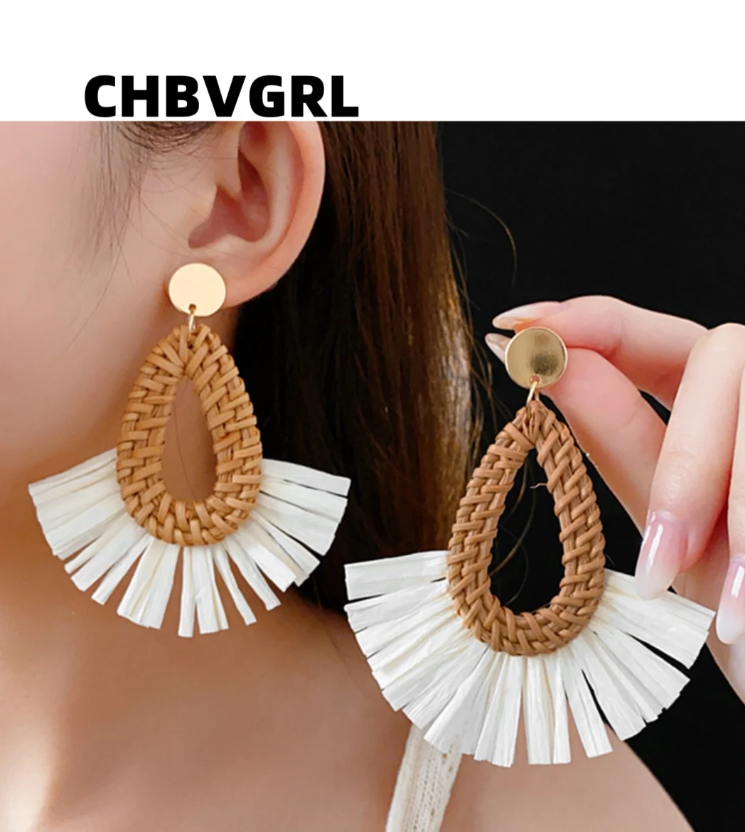 

Hot sale high-end feeling fan-shaped water drop Raphia earring retro ethnic style unique earring versatile vacation style