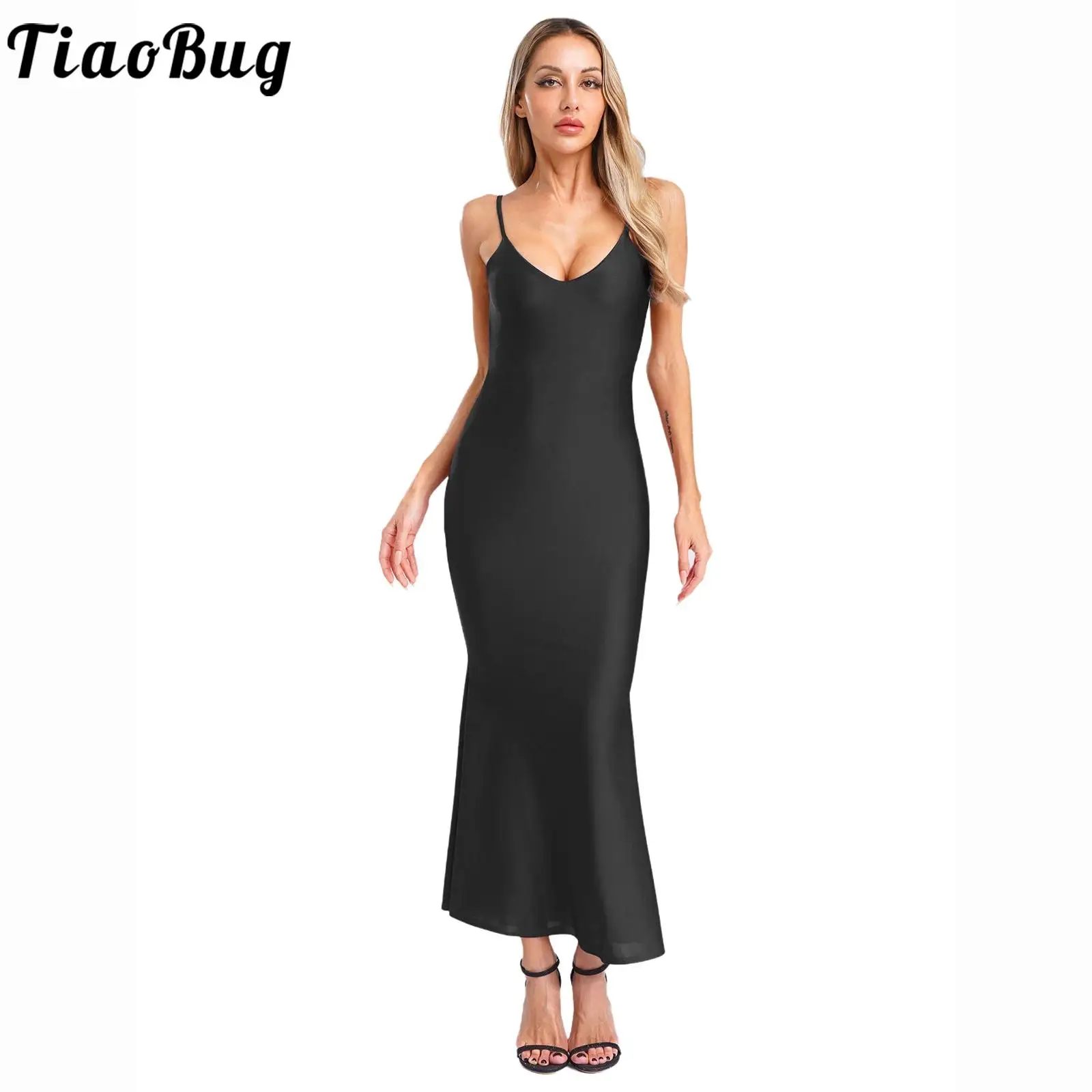 

Sissy Women Slim Fit Fishtail Dress Spaghetti Strap V-neck Sleeveless Backless Maxi Dress for Cocktail Party Banquet Uniforms