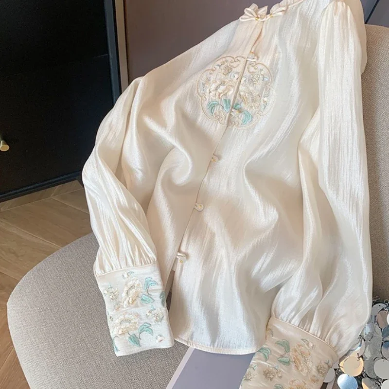 Satin Chinese Style Shirt for Women, Embroidery Vintage Blouses, Loose Long Sleeves, Silk Tops, Fashion Clothing