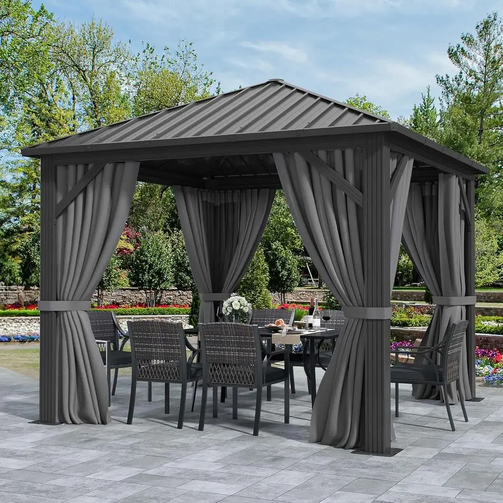 

10'X10' Metal Hardtop Gazebo Outdoor Patio Single Top Galvanized Iron Garden Tent Curtains Netting or Backyards Decks Lawns,Gray