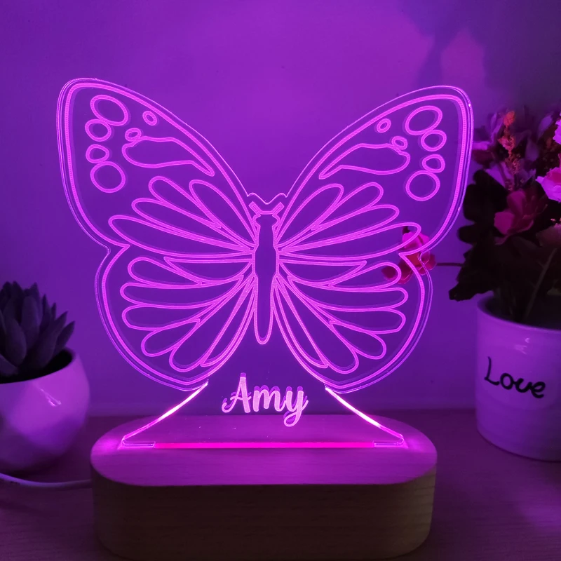 

Butterfly Shape Personal Name Acrylic Night Lamps Single Warm White or 7 Colors Baby Kids Gift Light