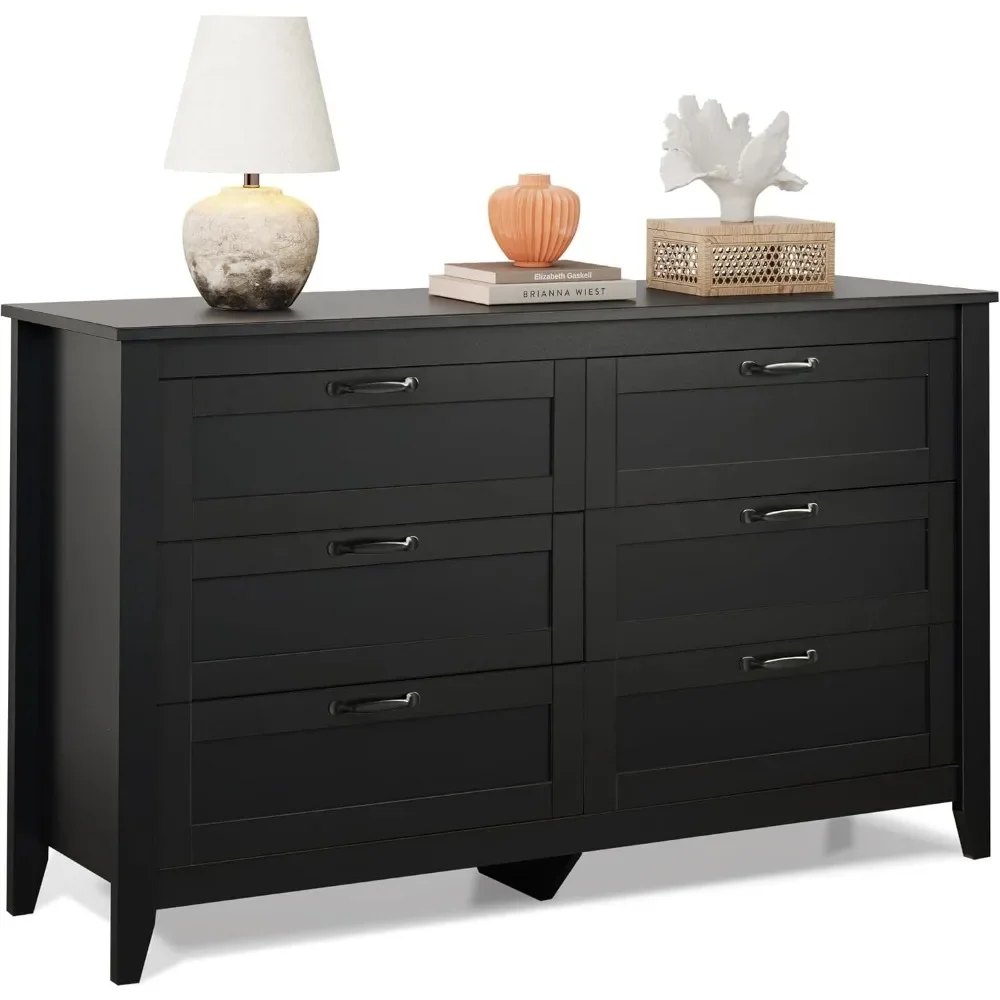 

6 Drawer Retro Chest of Drawers with Metal Handle - Double Wood Dresser for Bedroom & Living Room