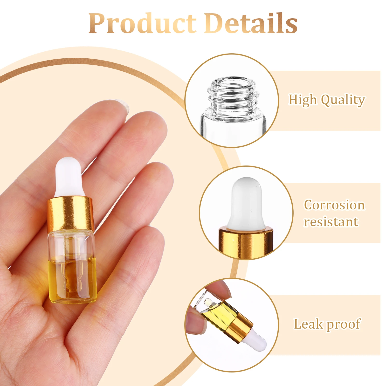 Beautywen 50 Pcs Mini Essential Oil Dropper Bottle 3ml Clear Glass Dropper Vails With Gold Color Plating Ring