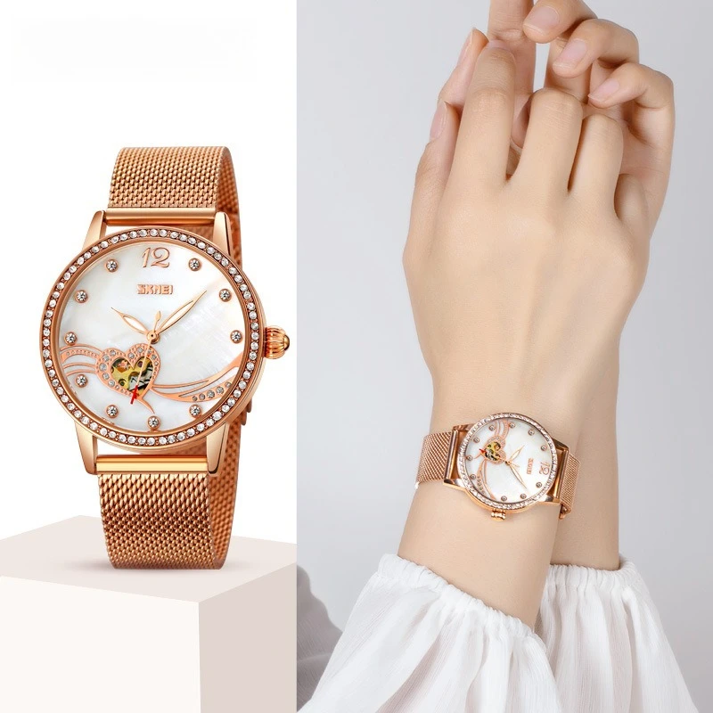 Luminous Skeleton Watch with Rhinestones, Elegant Heart Design, Self-Winding Mechanical Movement Women's Wristwatch