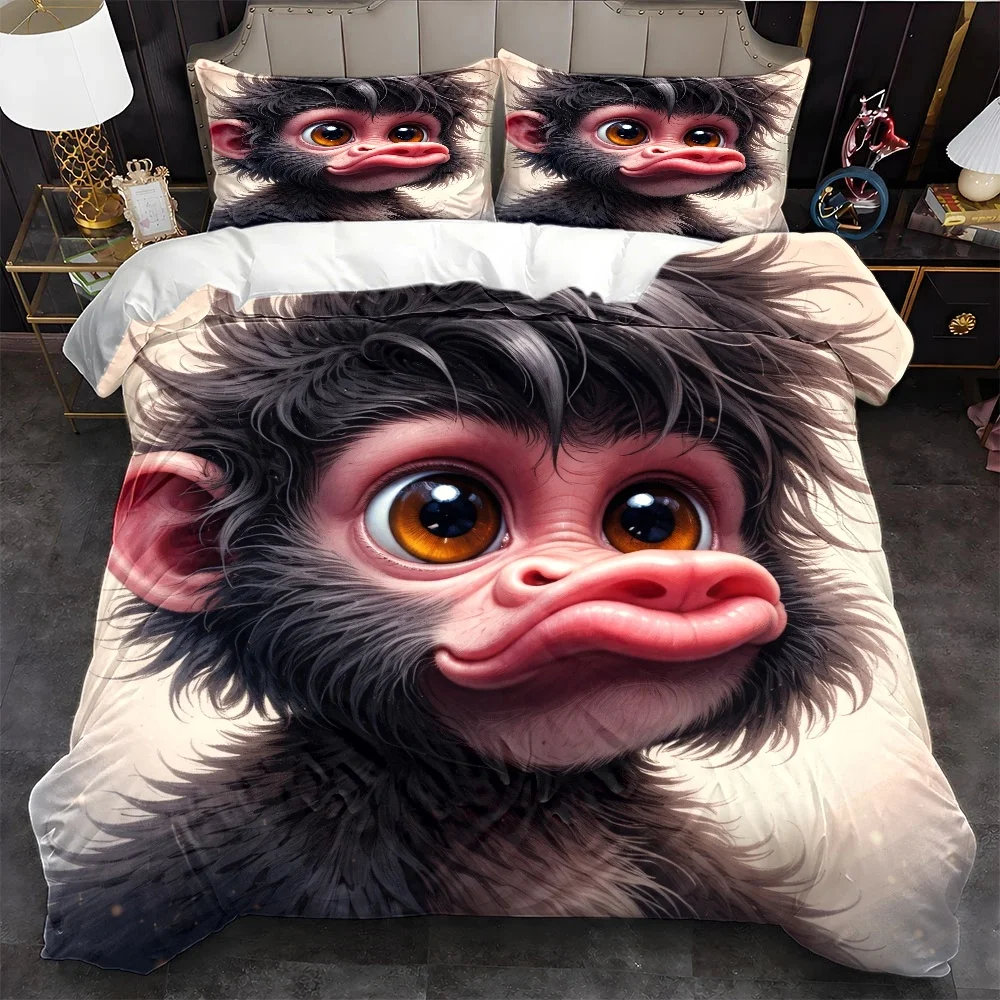3Pc Cartoon Cute Monkey and Duck Pattern Quilt Cover Set, Bedding Set of Three Pieces (1*Quilt Cover + 2*Pillowcases), Suitable for All Seasons, Machine Washable Bedding, Large Size Double Bed Cover with Invisible Zipper, Universal Bedding Set for Home, Dorm, Master Bedroom, Guest Room, Skin-Friendly Comfortable Quilt Cover Set, Trendy Creative Animal Print Bed Cover Set, Easy to Clean and Durable Large Size Quilt Cover Set, 2D Flat Print