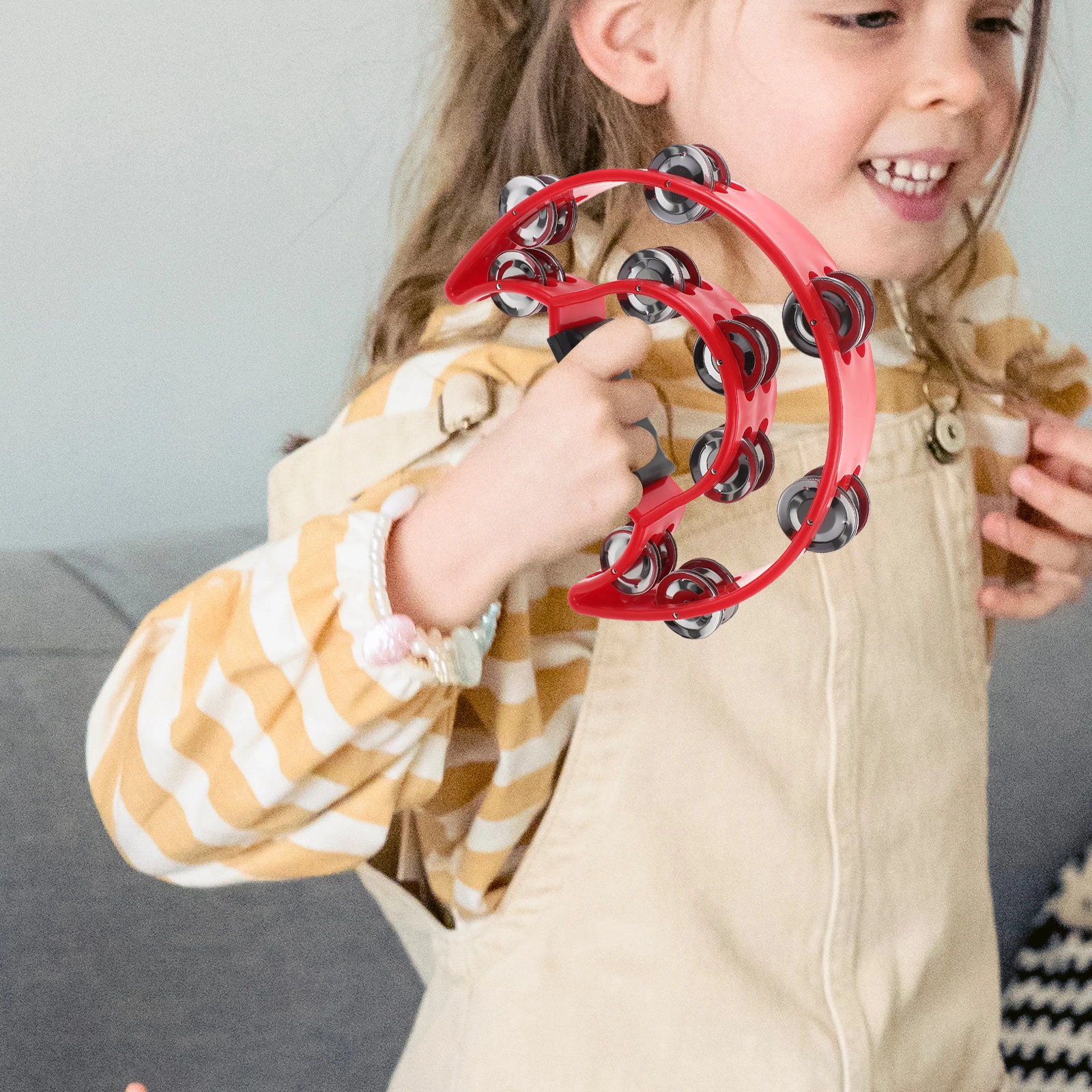 

Double Row Hand Tambourine Half Moon Shape with 40 Jingles Crisp Percussion Sound for Music Class Party Concert Red