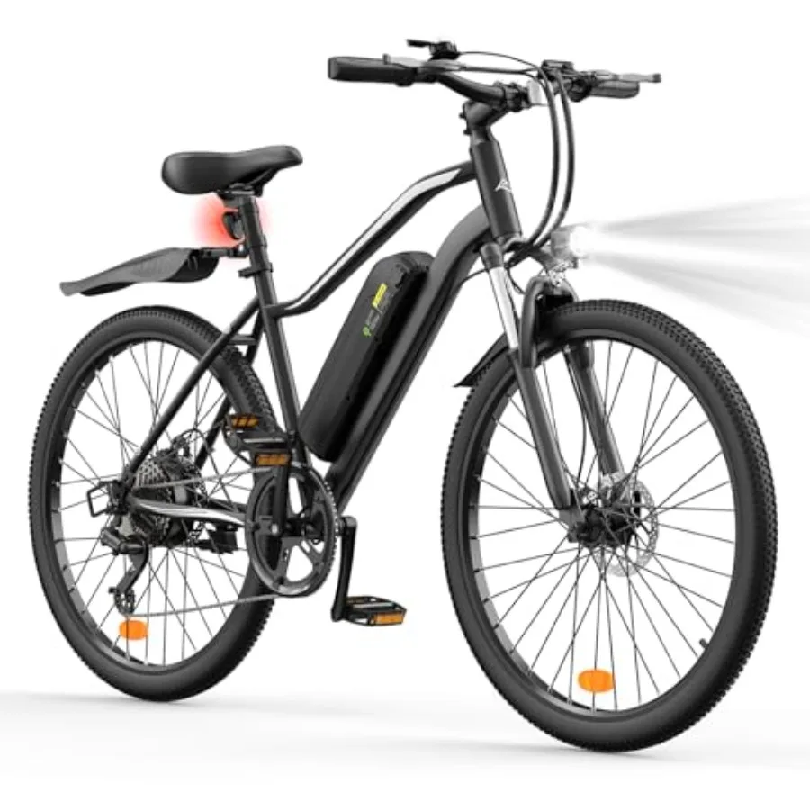 

Commuting electric bike for adults with 750W peak motor 60+ miles range 20MPH top speed 26'' tires shock absorber black aluminu