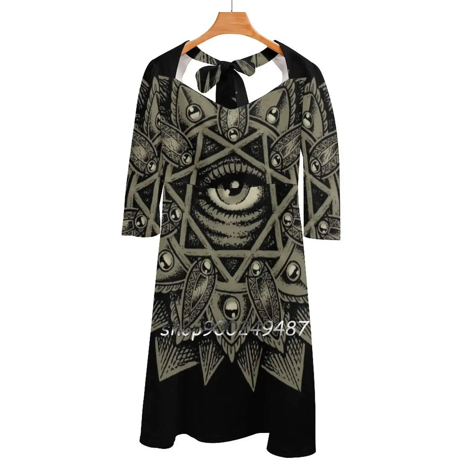 Seven Rays Eye Square Neck Dress Sweet Summer Dress Women Elegant Halter Print Dress Seven Rays Occult Eye Esoteric Rosicrucian