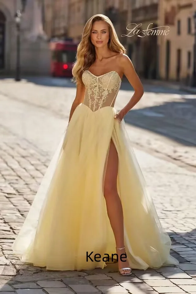 

Yellow High Slit Strapless Illusion Evening Dresses Custom Made Dress for Special Occasions Prom Gowns