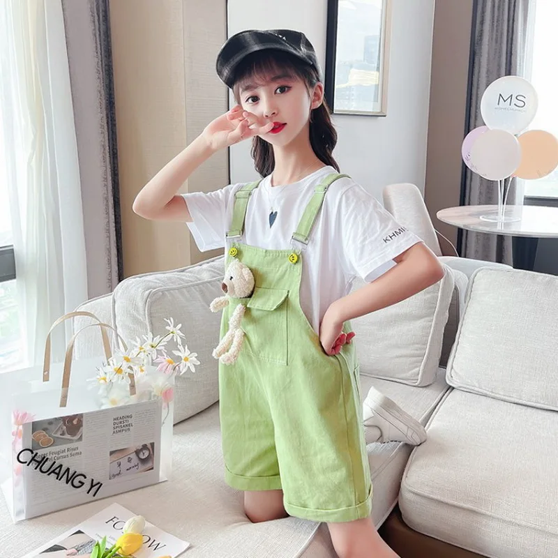 Candy Colored Overalls for Girls Summer High Waist Shorts Kids Clothing Casual Teenage Children Wear Rompers Jumpsuits with Bear