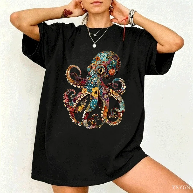 Ladies Short Sleeve Tee Colorful Floral Ocean Print Crew Neck 100 Cotton Casual Loose Women T Shirt Daily Tops