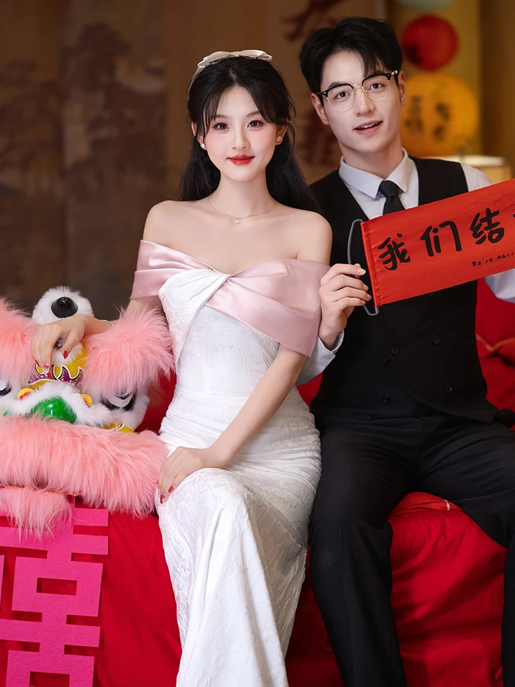 

Ele White One-oulder Bridal Dr Evening Gown Fi-Tail Silhouette Wedding Registration Ceremony Cotail Par Women'...