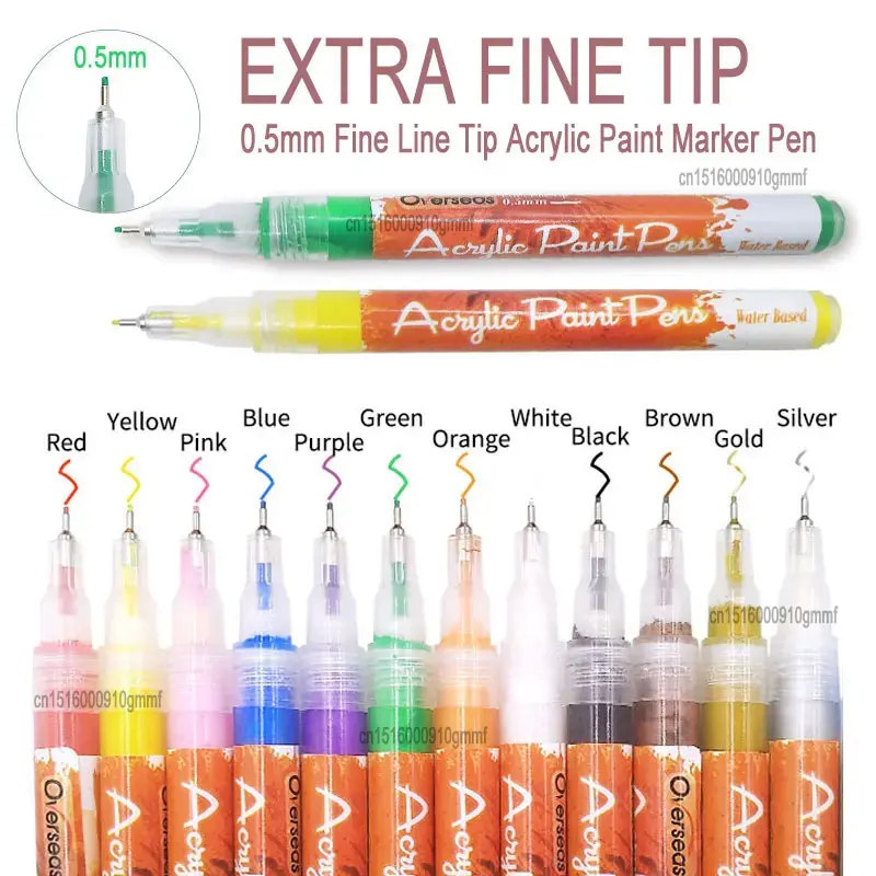 0.5mm Fine Line Needle Tip Acrylic Paint Art Marker Fineliner Pen DIY For Card Ceramic Stone Glass Fabric Cloth Drawing Graffiti