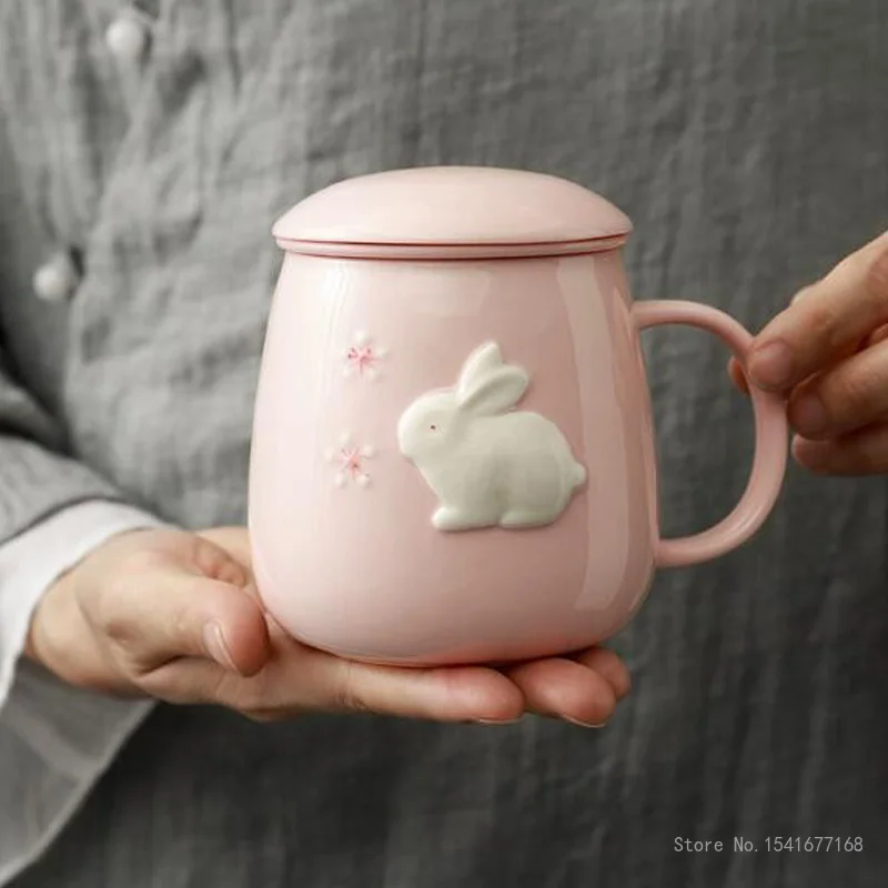 Pink Embossed Rabbit Ceramic Mug with Lid Filter, Office Cup, Household, Study, Living Room Supplies, Tea Water Separation