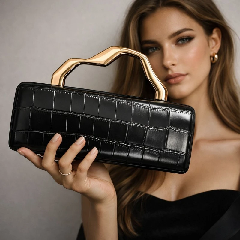 Women's Fashion Handbag Faux Leather Crocodile Pattern Evening Clutch with Gilded Shaped Handle New Elegant Chains Crossbody Bag